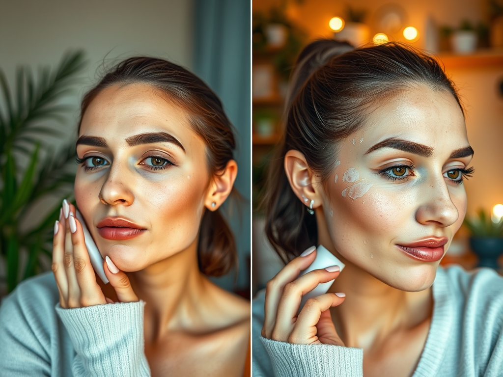 A woman shows her skincare routine, applying a product to her face, with a soft smile in a cozy setting.