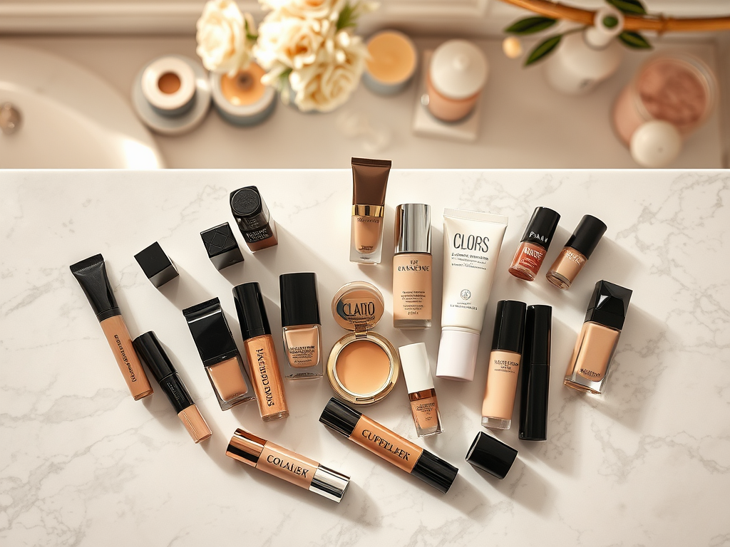 A variety of foundation and concealer products arranged on a marble surface with floral decorations in the background. 