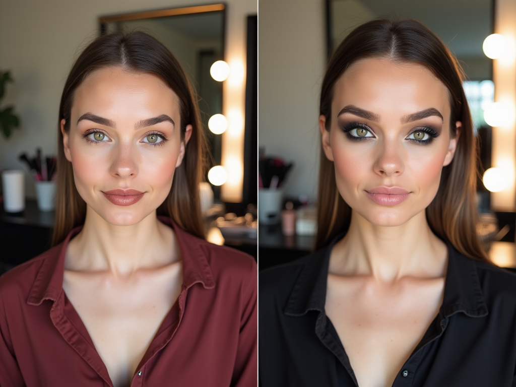 A woman before and after makeup, with a mirror and beauty products in the background.