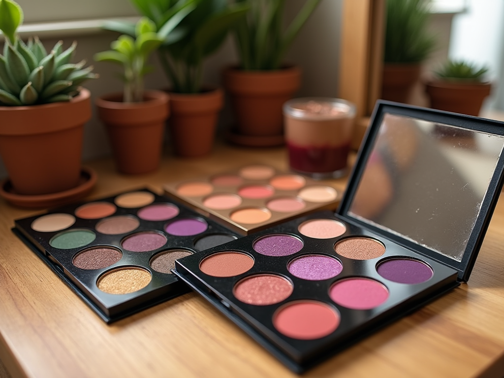 Two open eyeshadow palettes with various colors on a wooden table, surrounded by potted plants.