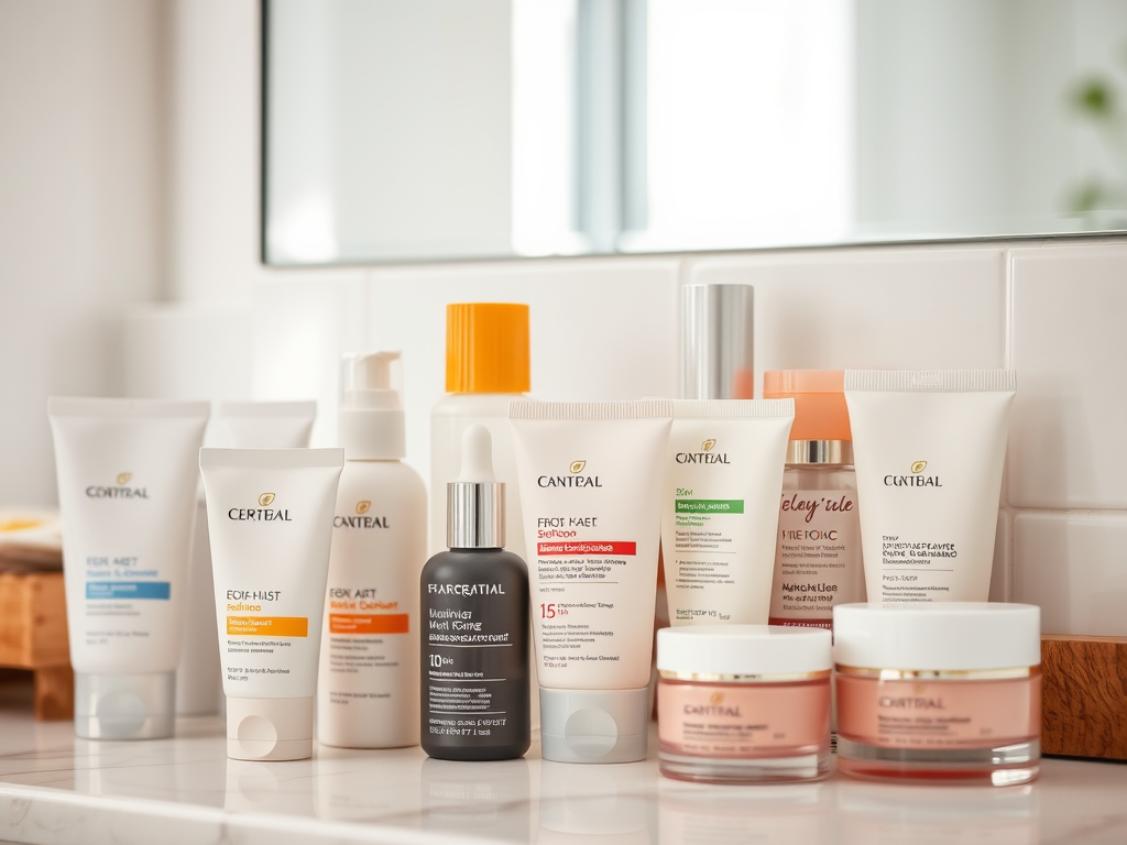 A variety of skincare products displayed on a bathroom countertop with a mirror in the background.