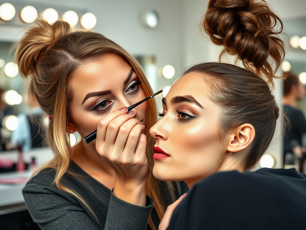 A makeup artist applies eyeliner to a model in a bright makeup studio, focused on enhancing her features.