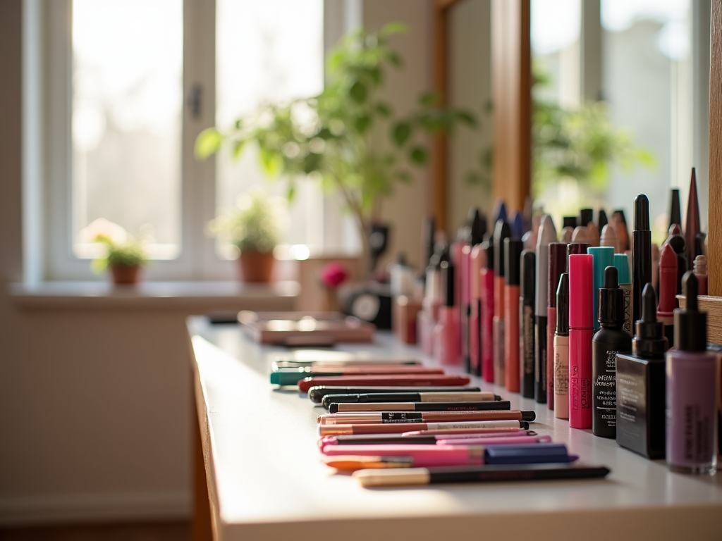 Array of colorful makeup products on a sunny window ledge, with blurred green plants in background.