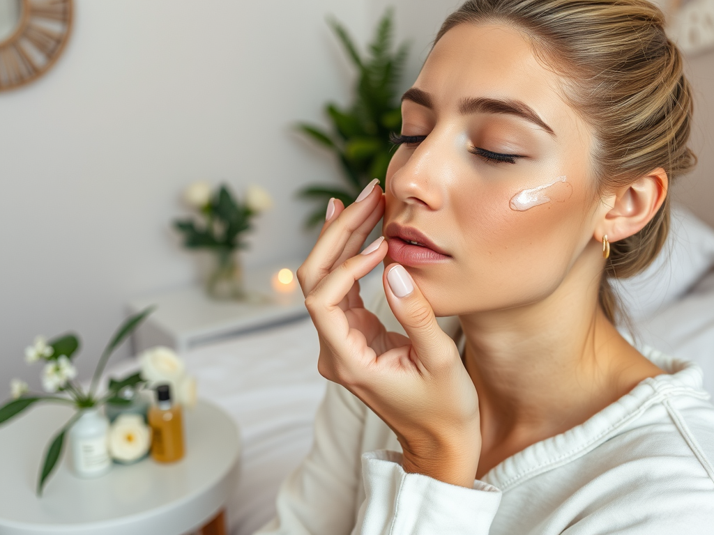 A woman applies skincare product to her face in a cozy, softly lit room with plants and candles in the background.