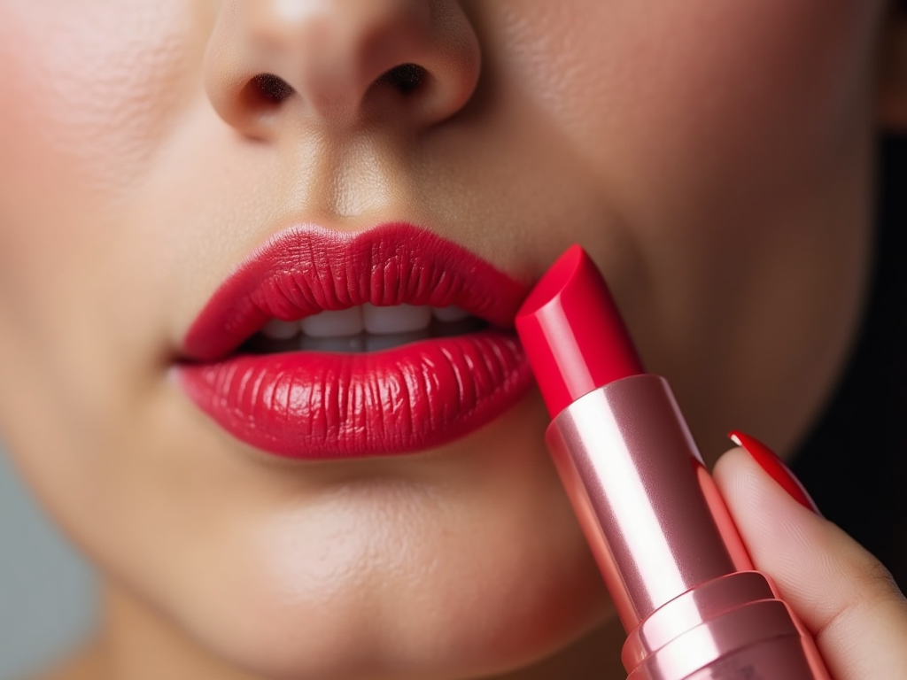 Close-up of a woman applying red lipstick, highlighting detailed makeup texture.