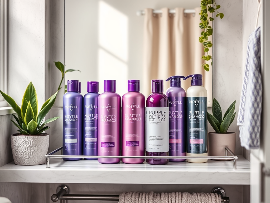 A variety of shampoo bottles displayed on a shelf in a bright bathroom, alongside potted plants.