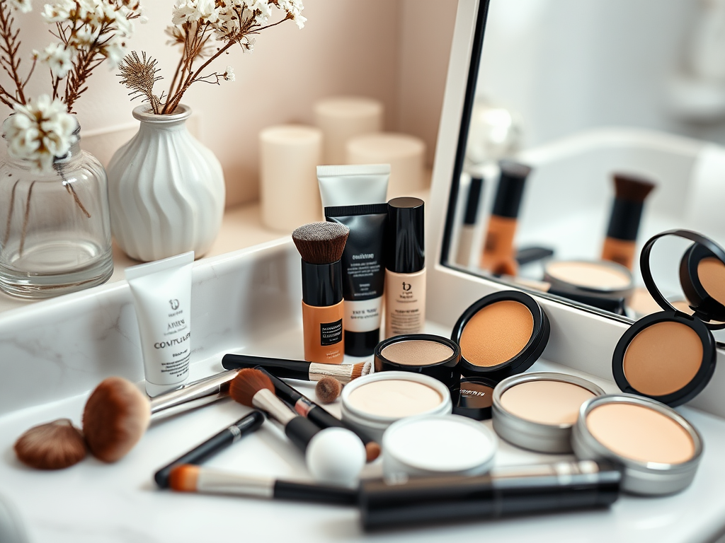 A collection of makeup products and brushes on a vanity tray, with flowers and a mirror in the background.