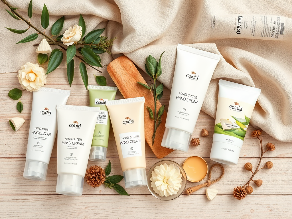 A collection of hand care products arranged with flowers and leaves on a beige fabric background.