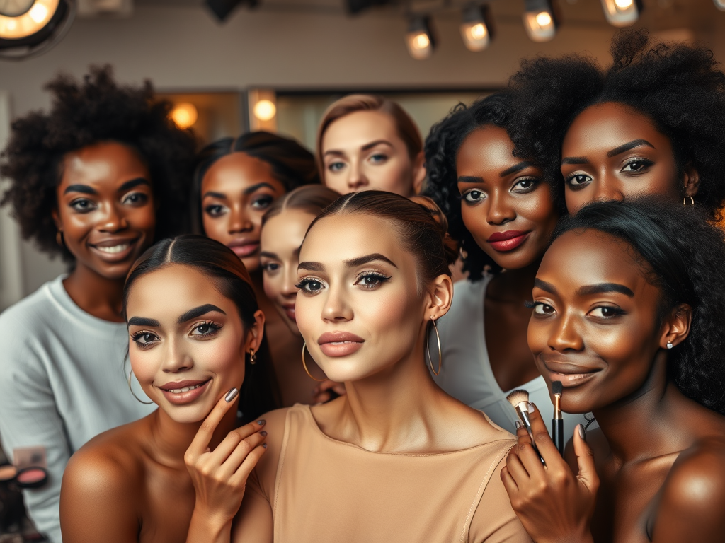 A diverse group of women poses together, showcasing various hairstyles and makeup styles, smiling confidently.