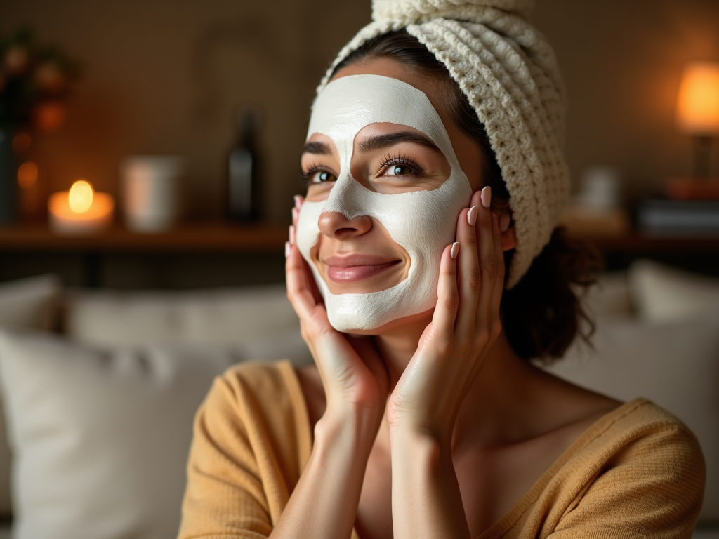 Woman with facial mask and headband smiling, cozy room with warm lighting.