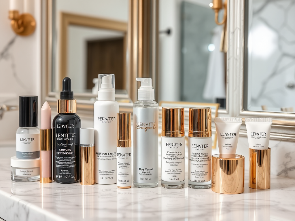 A variety of skincare products arranged on a marble countertop, reflected in a stylish bathroom mirror.