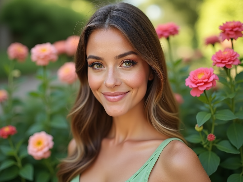 Smiling woman in a green dress surrounded by pink flowers in a garden.