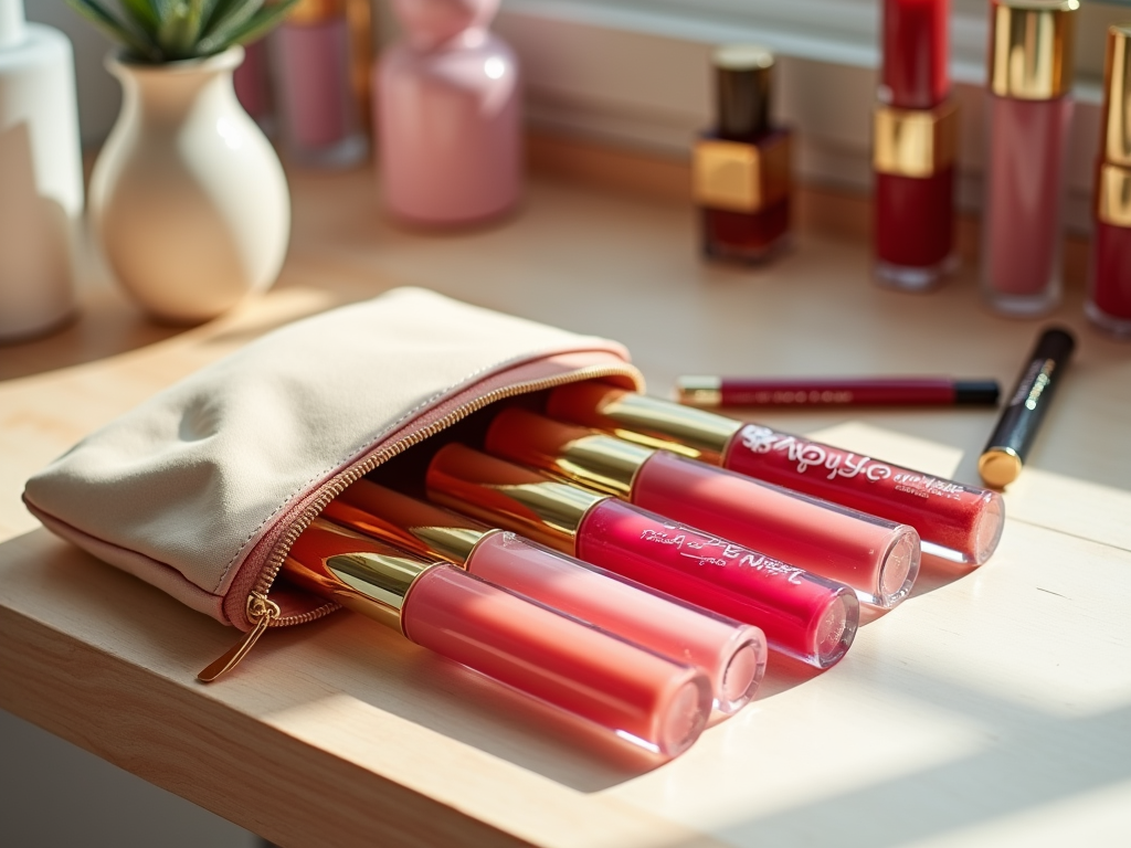 Cosmetics spilling out of a beige makeup bag on a sunlit table with various lipsticks and brushes.