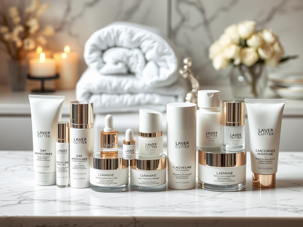 A neatly arranged display of skincare products on a marble surface, with towels and candles in the background.