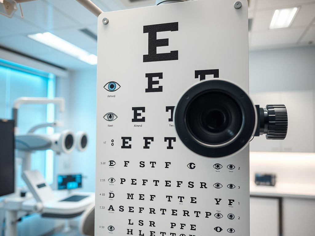 A close-up of an eye chart in an eye examination room, featuring letters and symbols for vision testing.