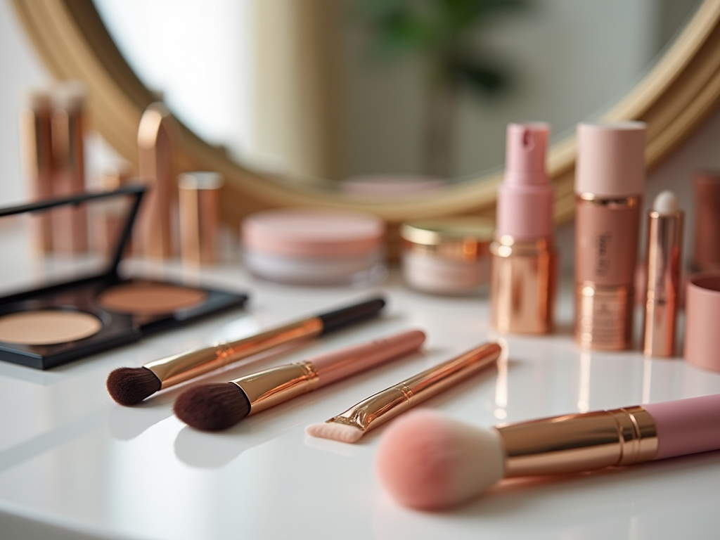 Assorted makeup products and brushes on a table with a mirror in soft focus background.