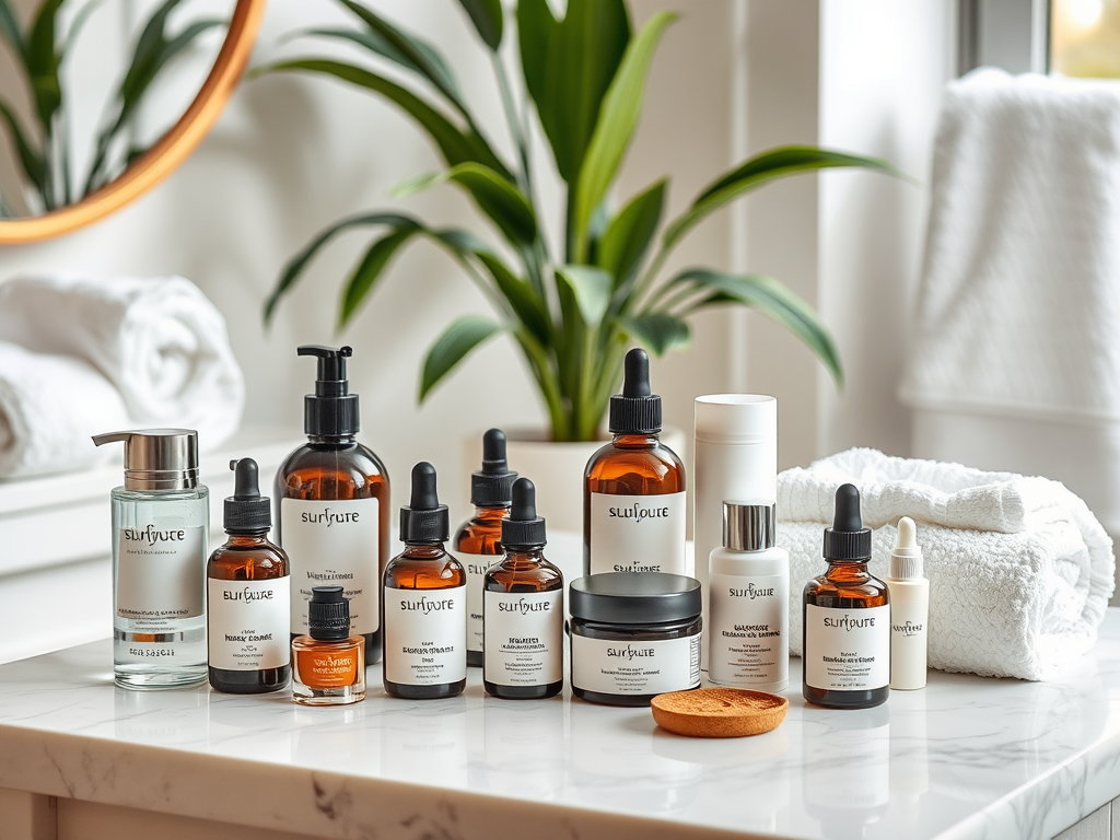 A collection of skincare products arranged on a marble countertop with a mirror and plants in the background.