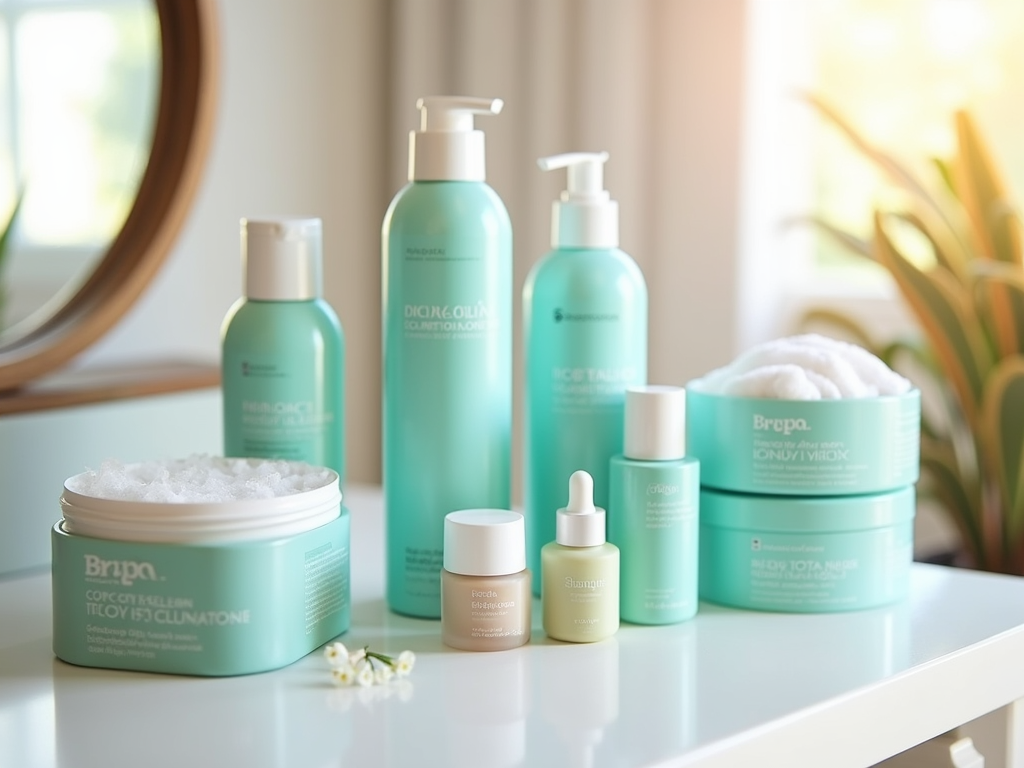 Assorted skincare products on a white vanity, highlighted by soft natural light.