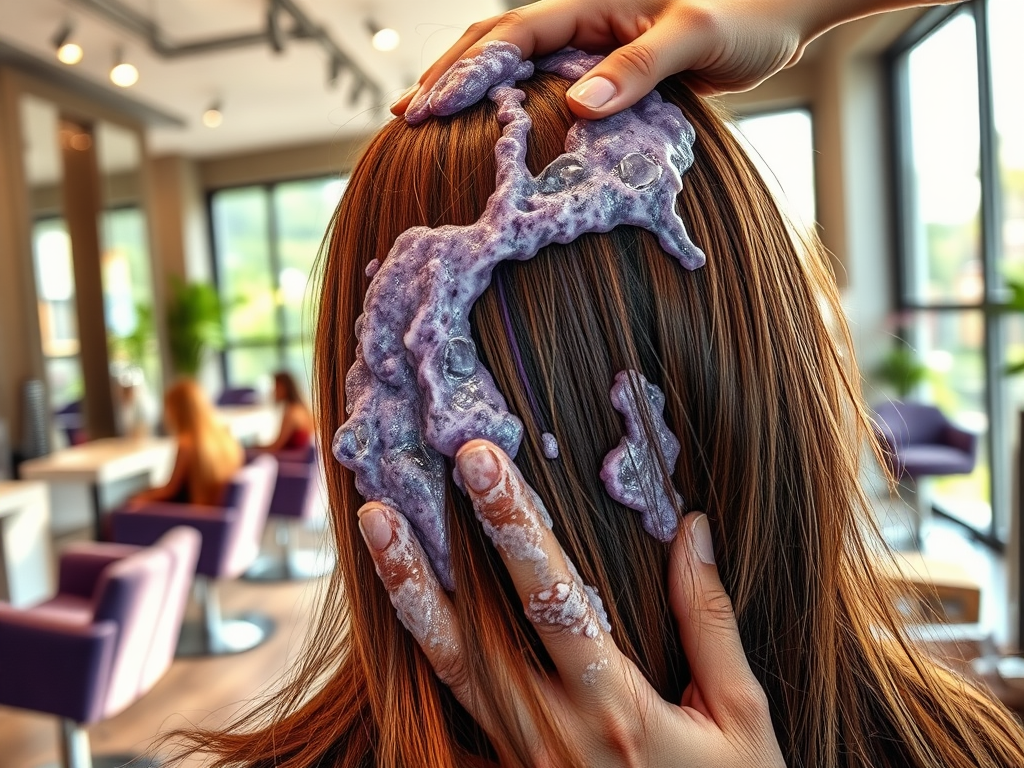 A person receiving a hair treatment with purple foam in a modern salon, with salon chairs visible in the background.