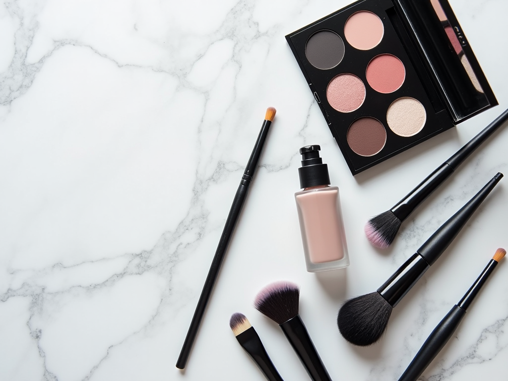 Assorted makeup products and brushes displayed on a marble surface.