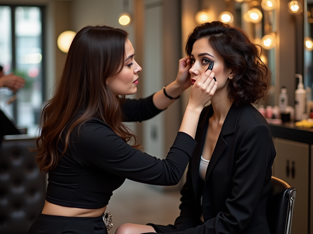 Makeup artist applying eyeliner to a woman in a salon, both dressed elegantly.