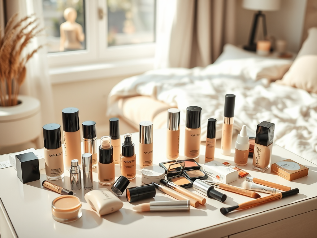 A neatly arranged collection of various makeup products on a table, with a cozy bedroom in the background.