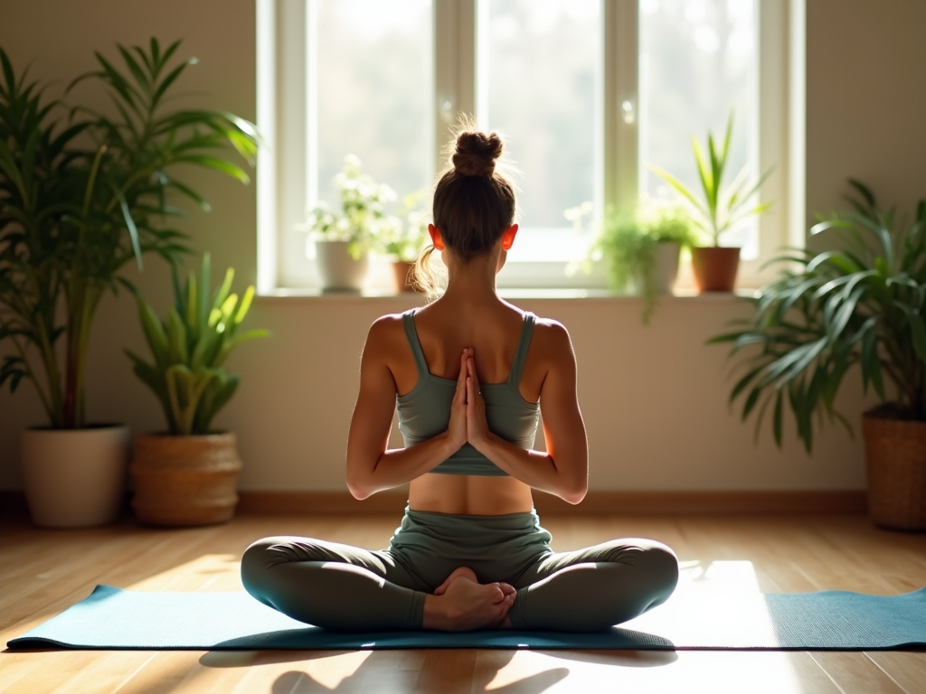 Woman practicing yoga in a peaceful indoor setting with sunlight and plants.