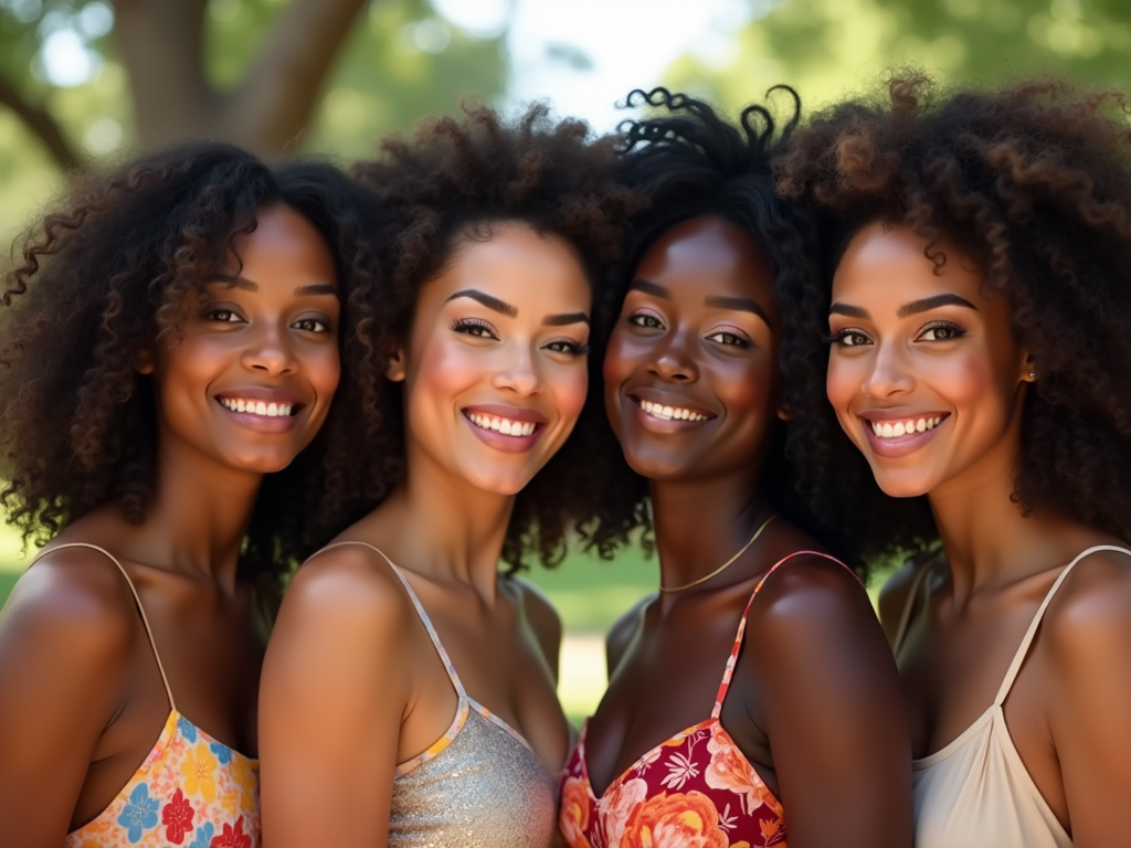 Four joyful women with curly hair smiling outdoors in summer dresses.