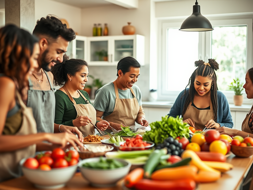 A diverse group of six people joyfully preparing fresh vegetables and fruits in a bright kitchen.