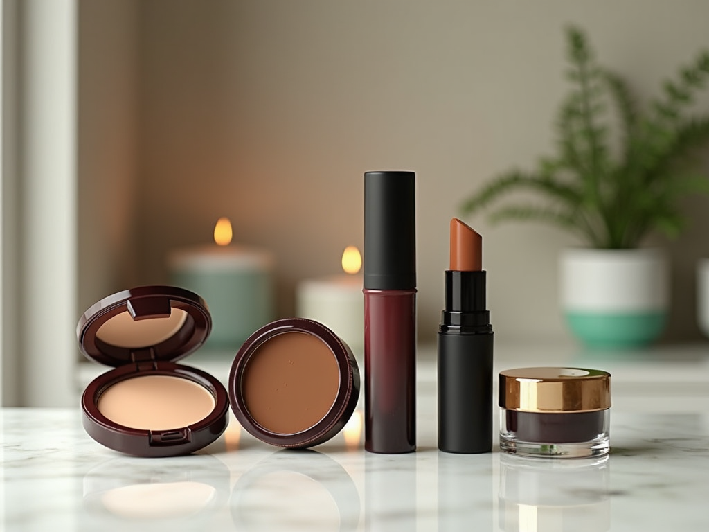 Assorted makeup products including lipstick, foundation, and cream on a bathroom counter with candles and plants.