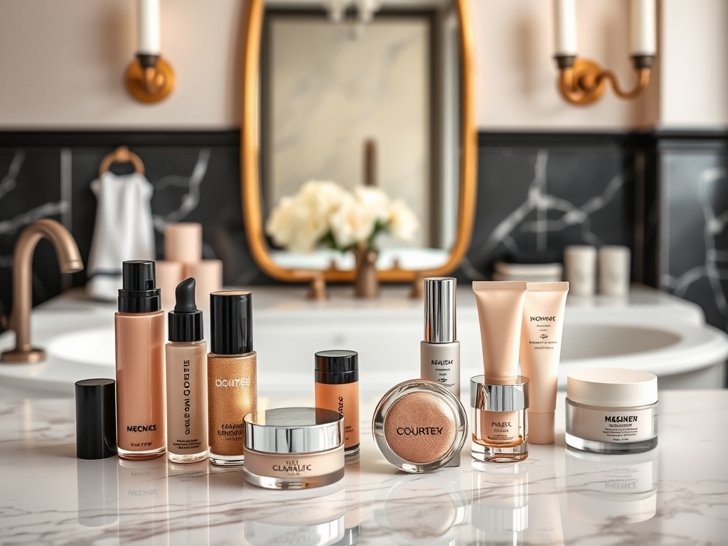 A stylish bathroom counter displaying various skincare and beauty products in elegant packaging.