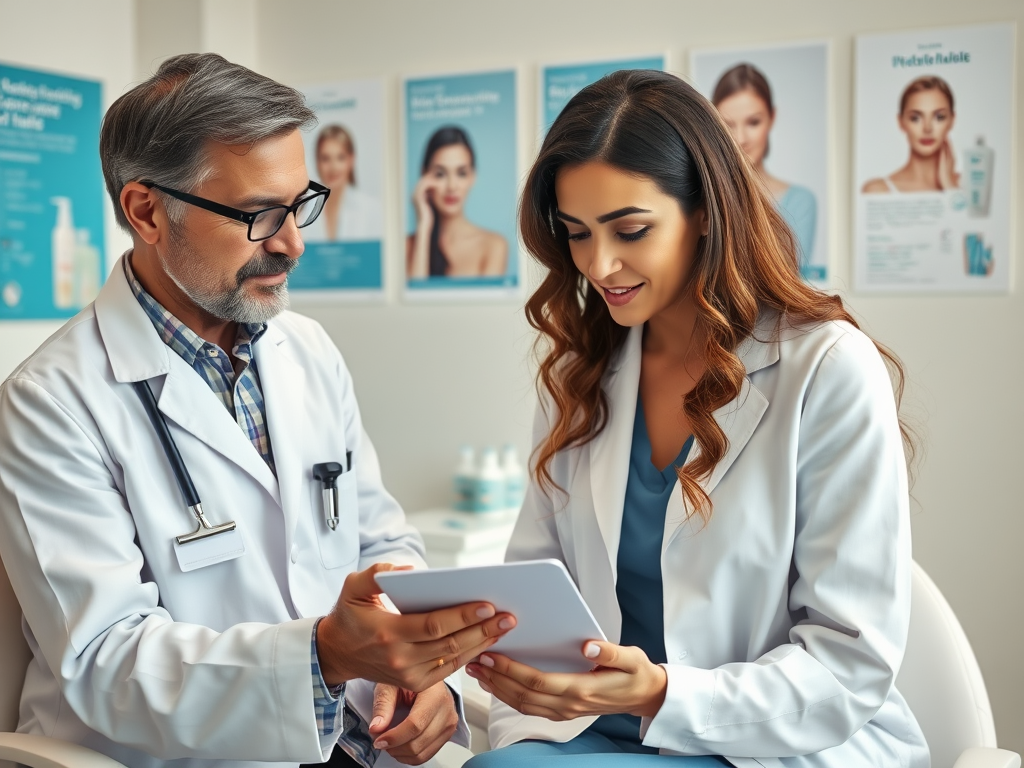 A doctor and a nurse discuss patient information on a tablet in a clinical setting with informative posters.