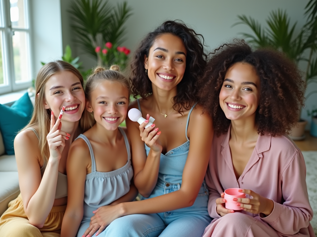 Four women smiling for the camera, holding skincare products, in a bright living room.