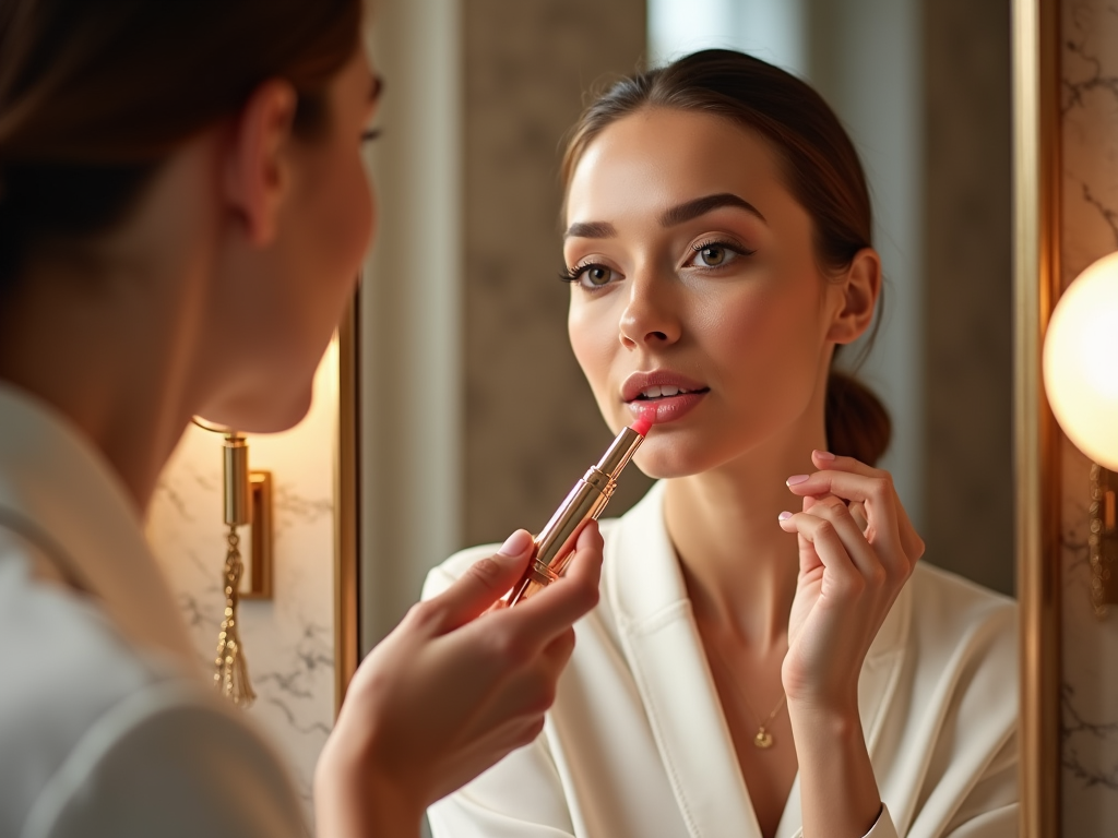 Woman applying lipstick while looking in a mirror, elegant indoor setting.