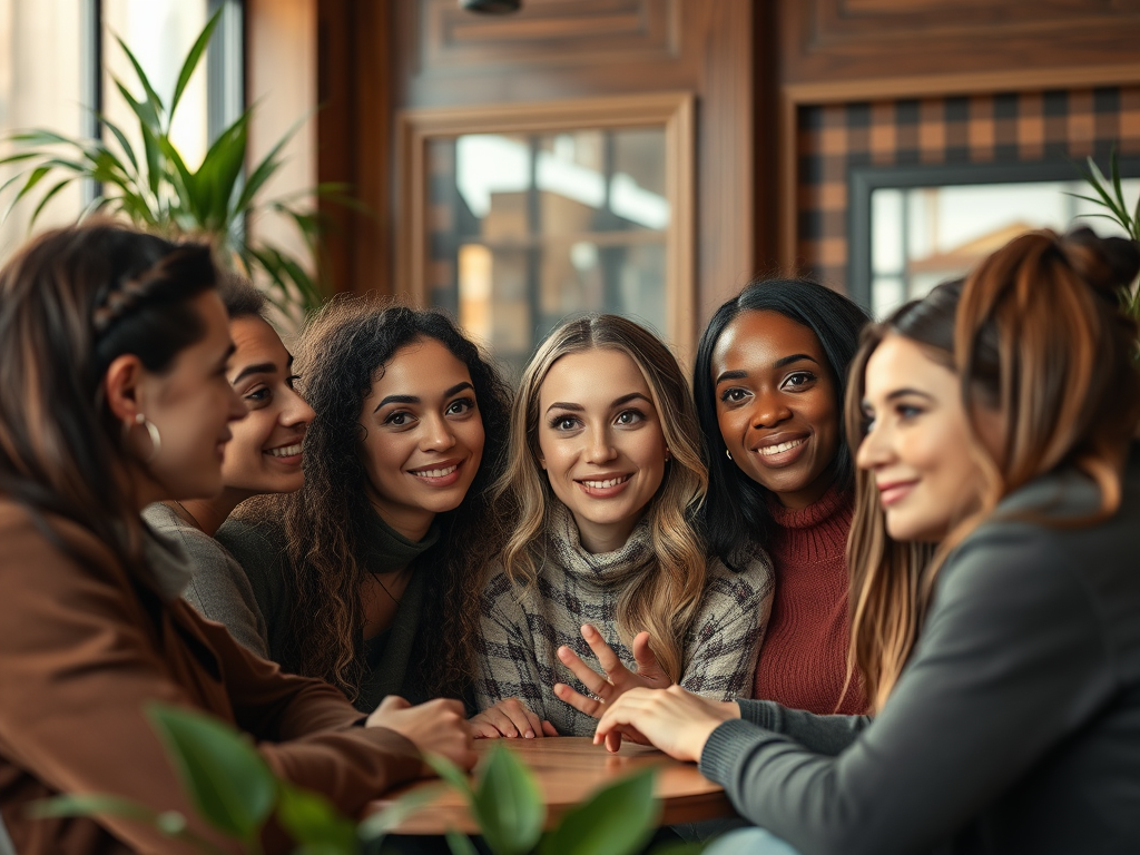 A group of six smiling women sit together at a table, enjoying each other's company in a cozy setting.