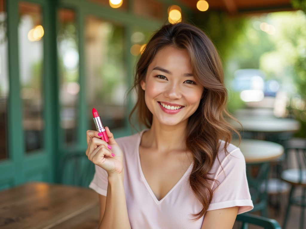 Young woman smiling, holding a bright red lipstick at a cafe.