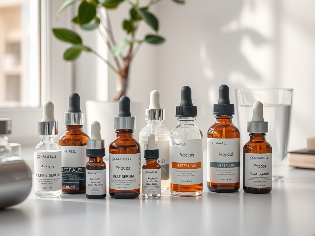 A collection of skincare serums in glass bottles arranged on a table, with a glass of water and a plant in the background.