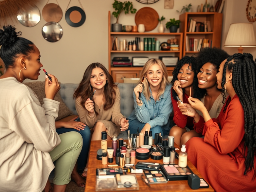 A diverse group of women happily sharing makeup tips and products around a table filled with cosmetics.