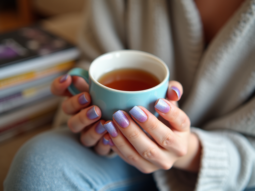 Close-up of hands holding a blue cup of tea, with holographic nail polish, over a cozy blanket.