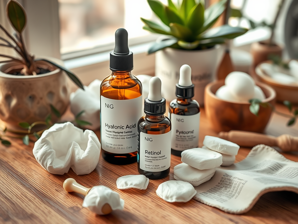 Three skincare serum bottles on a wooden surface, surrounded by towels, cotton pads, and a small plant.