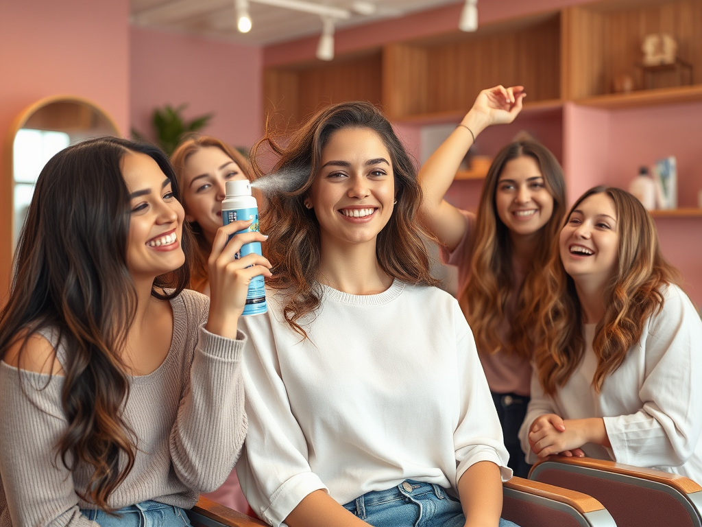 Five young women are enjoying a salon day, with one applying hair product while the others smile and chat.