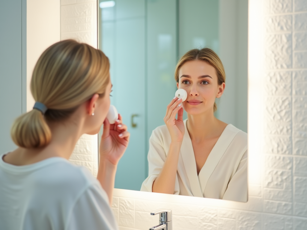 Woman using a skincare product while looking in a bathroom mirror.