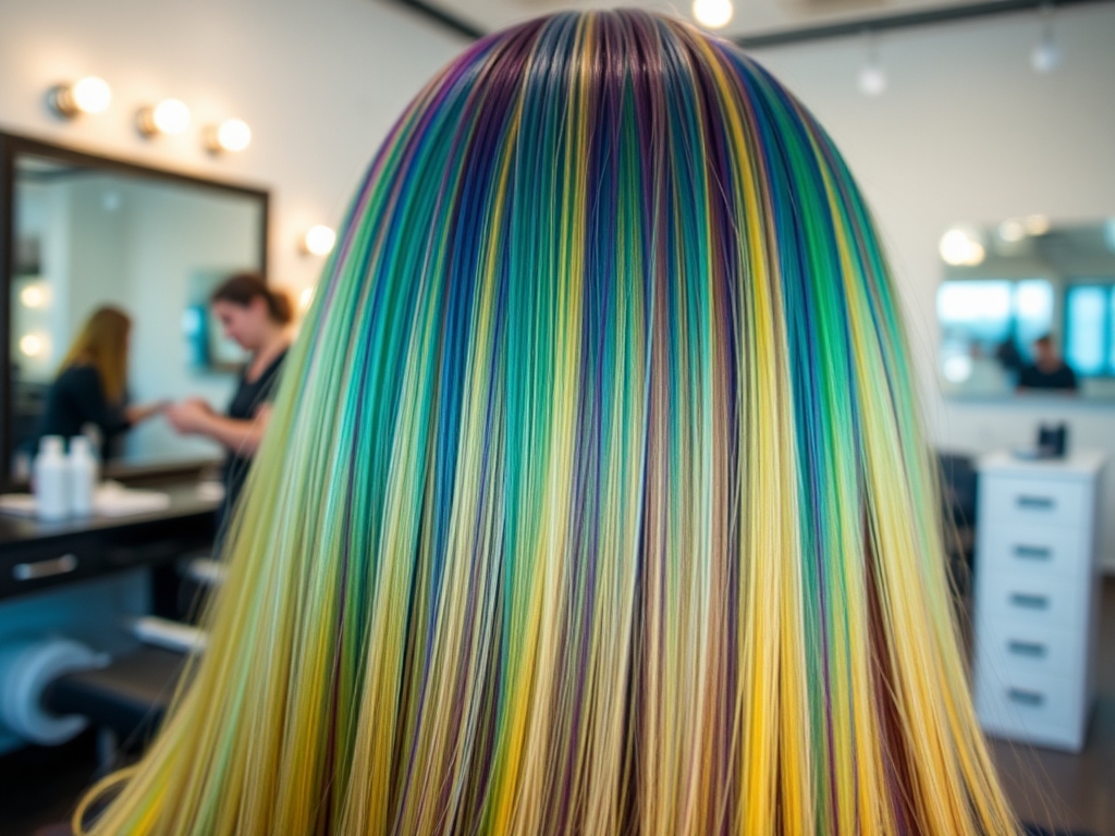 Vibrant, multicolored hair displaying green, blue, purple, and yellow highlights in a salon setting.