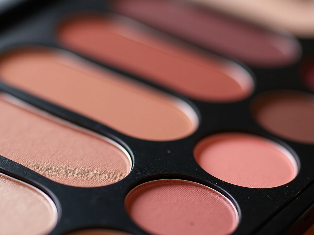 Close-up of a makeup palette with shades of pink and peach blushes.