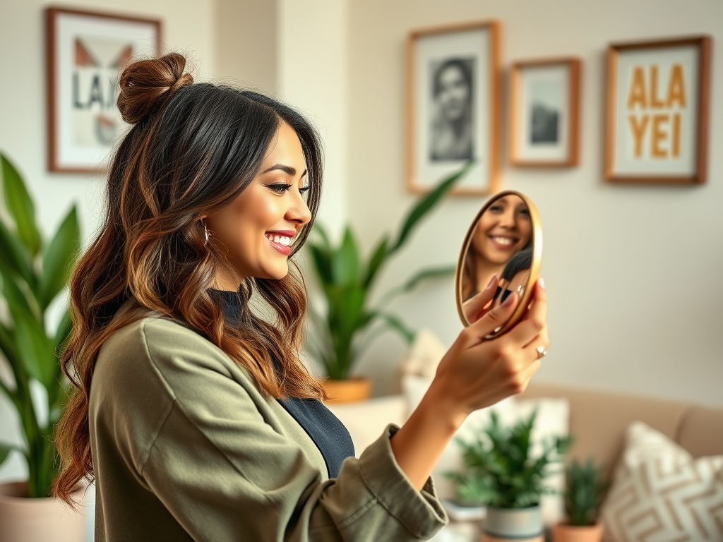A woman with wavy hair smiles at her reflection in a round mirror, surrounded by indoor plants and framed art.
