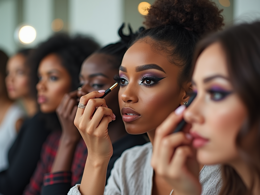 Close-up of diverse women applying makeup, focusing intently on their beauty routines.